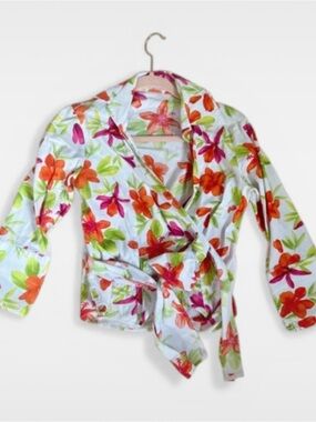 Michelle Belau White Floral Wrap Top with Orange & Pink Flowers